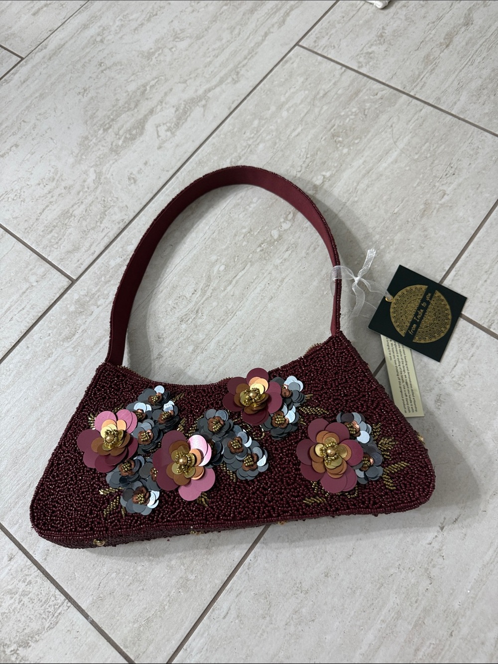 Handheld Beaded Floral Accent Bag in Burgundy..fully beaded ..new ..nwt